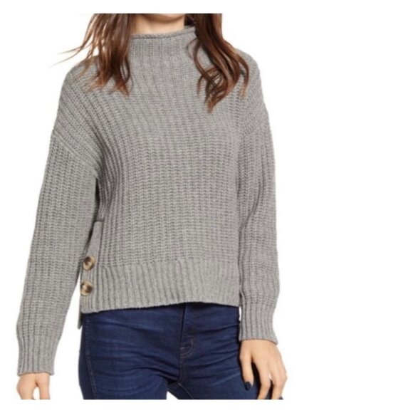 Madewell Mock Neck Side-Button Pull Over Sweater Chunky Knit Wool Blend Gray M - Picture 1 of 11